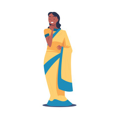 Sticker - Hindu Woman Character in National Sari Costume in Standing Pose Vector Illustration