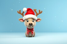 Cute Reindeer With Santa Hat On Light Blue Background 3D Rendering, 3D Illustration | Generative AI