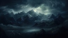  A Dark Mountain Scene With A Lightning Bolt In The Sky.  Generative Ai