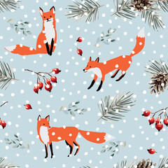 Wall Mural - christmas seamless pattern, red fox animals, pine twigs, cones, berries, snow, gray background. vect