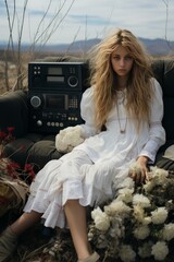 Canvas Print - postapocalyptic portrait of a woman in the middle of the countryside with old-fashioned technology