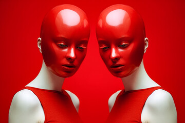 deux têtes de femme portant un masque rouge - concept de la double personnalité, de la dissimulation