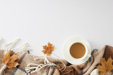 Sticker - Immerse yourself in the tranquil and snug comforts of fall at home. Top view composition of hot cocoa, warm blanket, dry maple leaves on white background with empty space for advert or message