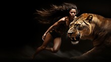 Athletic Woman Running With Cheetah Illustration Generative Ai 