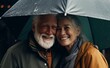 © inspiretta - Senior couple under umbrella, generative ai picture of romantic relationships between two happy elderly people