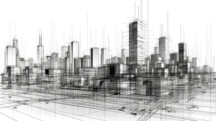 Wall Mural - Lines and digital components create an abstract metropolis. Skyscrapers in digital form with a wire feel. The notion of technology and connectivity. Background of perspective architecture with