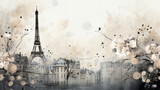 Fototapeta Paryż - Watercolor thin black outline flowers in the foreground against a faded misty background of Paris
