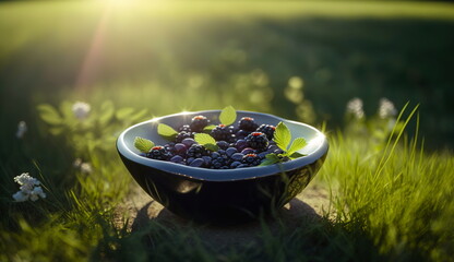 Wall Mural - A bowl of blackberries stands on the grass in the sunlight.Generative AI