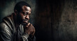 © Jenuarylist - Black african american man depicting a sad depressive state, depression concept, hyperrealistic, masterpiece, soft light, mental health