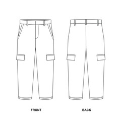 Vector drawing of cargo pants, front and back view. Outline drawing of trousers with pockets, vector. Fashion pants template in casual style with leg pockets.