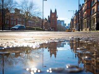 Wall Mural - A puddle of water on a city street. Generative AI.