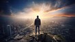 © Natalia - A man standing on top of a mountain overlooking a city. Generative AI.
