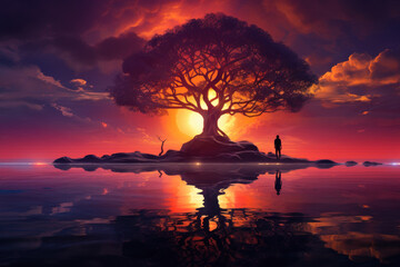 Wall Mural - Silhouetting Effect - Vibrant Sunset and Tranquil Reflection