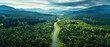 Aerial view of a single car driving along the curvy road going through a forest and mountains. Generative AI 