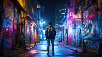 Wall Mural - A person walking down a street at night. Generative AI.