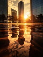 Sticker - A reflection of buildings in a puddle of water. Generative AI.