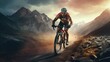 A female bicyclist riding in a mountainous terrain. Extreme cycling. Cycling sport