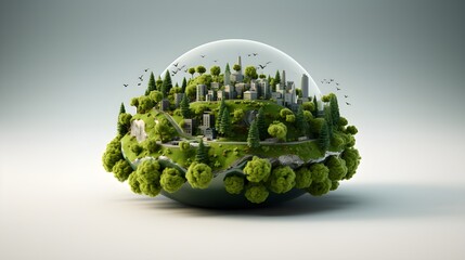 Wall Mural - 3d render of a planet earth, green planet on a gray copy space background with bokeh.