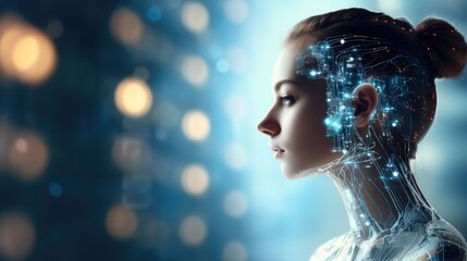 Fototapete - Humanoid cyber girl with a neural network, Robot woman or humanoid cyber girl, The concept of future technologies.