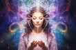 Meditating Woman Surrounded by Magic Lights Abstract Positive Energy Background
