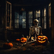 Spooky Halloween interior of abandoned house with skeleton and pumpkins