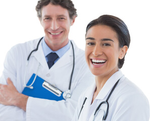 Canvas Print - Digital png photo of happy diverse doctors smiling on transparent background