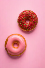 Wall Mural - Close-up 3d rendering of pink frosted donut with sprinkles on pink background. Generative AI