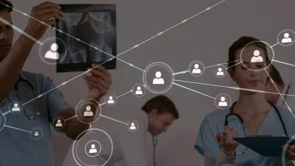 Canvas Print - Animation of network of connections with icons over diverse doctors