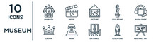 Museum Outline Icon Set Such As Thin Line Pharaoh, Picture, Audio Guide, Moai, Sculpture, Abstract Art, Crown Icons For Report, Presentation, Diagram, Web Design