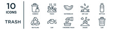 Trash Outline Icon Set Such As Thin Line Rubbish, Watermelon, Bottles, Car, Digger, Can, Recycling Icons For Report, Presentation, Diagram, Web Design