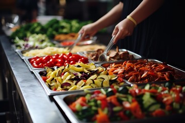 Wall Mural - People group catering buffet food indoor in restaurant with meat colorful fruits and vegetables | Generative AI