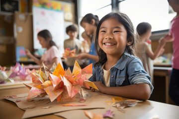 Asian girl makes crafts at the workshop, free space photo