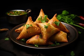 Wall Mural - Vegetarian samsa or samosas.Indian special traditional street food punjabi samosa | Generative AI