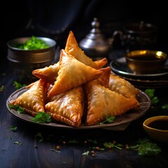 Wall Mural - Vegetarian samsa or samosas.Indian special traditional street food punjabi samosa | Generative AI