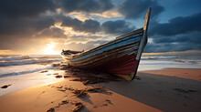 Realistic Painting Of An Old Boat Abandoned On The Beach. Storm Clouds In The Background. Generative AI.