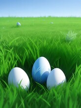 Decorated Easter Eggs In Grass Background. AI Generated