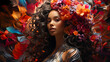 A very beautiful woman with black curly hair,surrounded by flowers in various colors,very colorful,thumbnail 