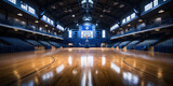 Empty Indoor basketball court. Horizontal panoramic wallpaper with copy space. 