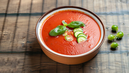 Wall Mural - Tasty appetizing summer tomato soup puree gazpacho with tomatoes and cucumbers served in bowl on wooden background.