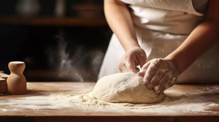 female baker hands making dough for bread