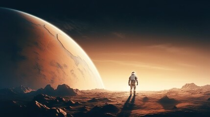 An astronaut walks in his space suit on a distant