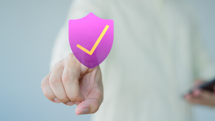 Poster - Man is pressing identity proofing icon for security protection systems on virtual screen. Certified guarantee approval or secure access system. Quality assurance of business services concept.