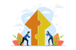 © FAHMI - Merger and Acquisition concept, partnership or cooperation, success puzzle, growth solution or cooperation, support challenge or progress, business people push jigsaw arrows to join for success.