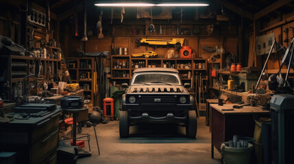 Wall Mural - Interior garage with mechanic tools