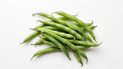 Image of a single bundle of fresh green beans, neatly arranged on a white surface.