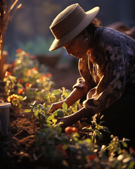 Wall Mural - An elderly African American woman kneels in the garden surveying her kaleidoscopic array of plants with the satisfaction of a job well