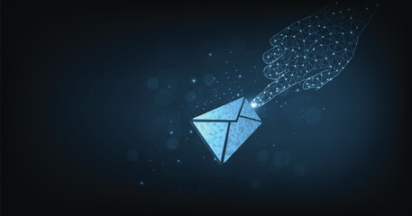 Aufkleber - Email communication and digital marketing concept. Businessman hand-pointing email envelope icon on dark blue background.