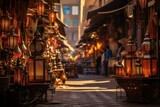 Fototapeta Uliczki - Illuminated Asian Bazaar: Hyper-Detailed Evening Market Street with Lanterns' Glow, Exotic Fruits, Handcrafted Goods, Street Food, and Twilight Temple