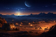 Oasis Tales Unveiled: Ultra-Detailed Bedouin Camp Image, Full Moon, Resting Camels, Tents, And Storytelling Circle
