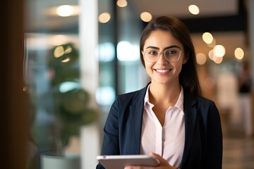 Wall Mural - Successful young business woman looking confident and smiling holding a tablet